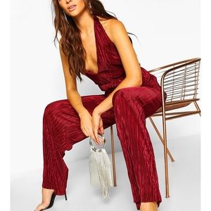 Red Plisse Wide Leg Jumpsuit
